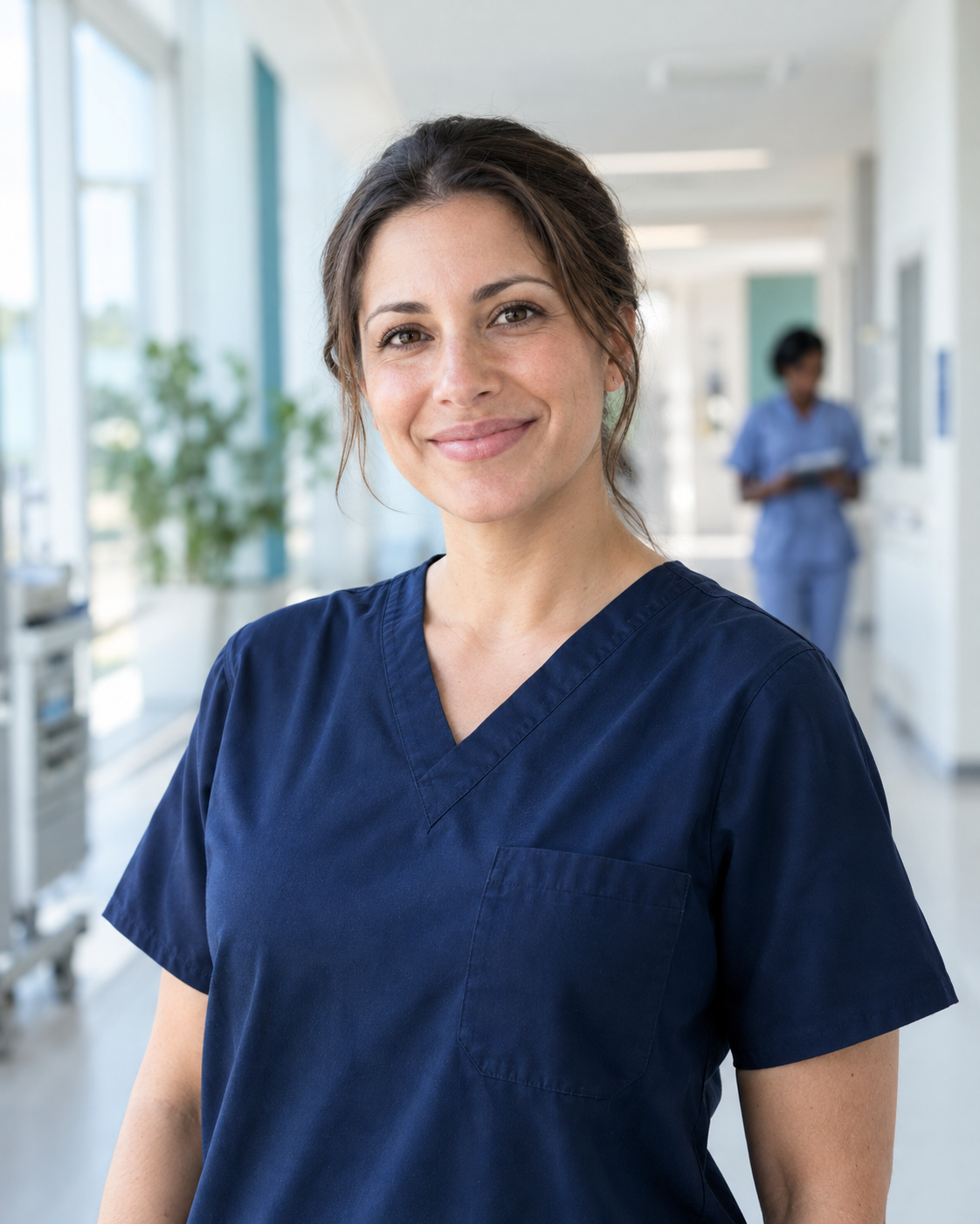 Healthcare professional in navy scrubs in a bright clinical setting